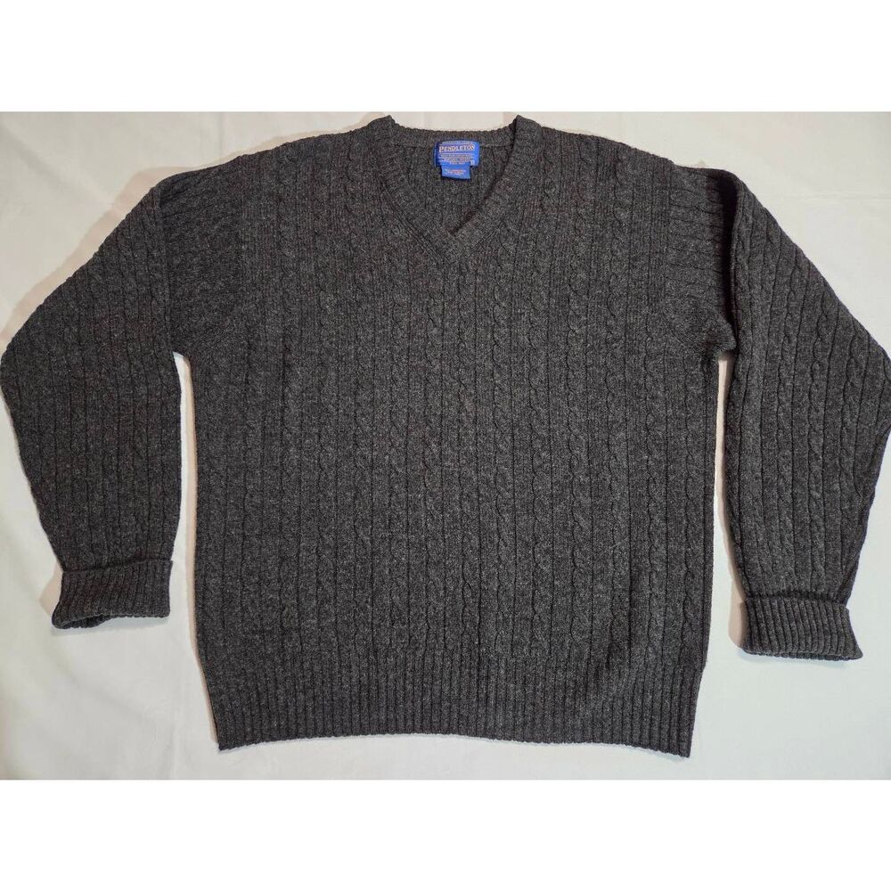 PENDLETON LAMBS WOOL VNECK PULLOVER CABLE KNIT SWEATER GRAY CHARCOAL MENS MEDIUM